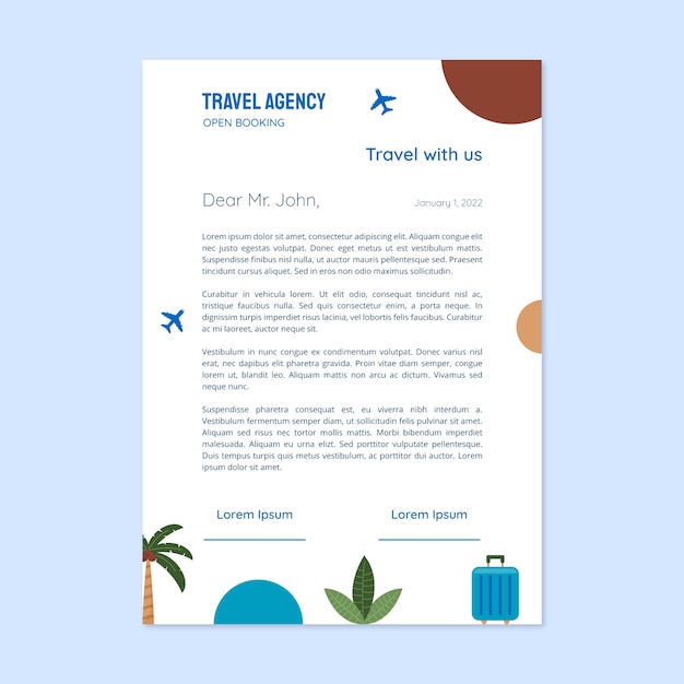 Hand drawn travel agency letterhead with palm tree