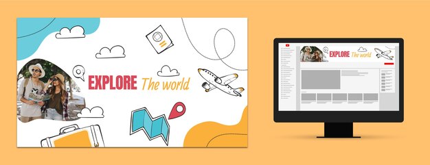 hand drawn travel agency youtube channel art with plane