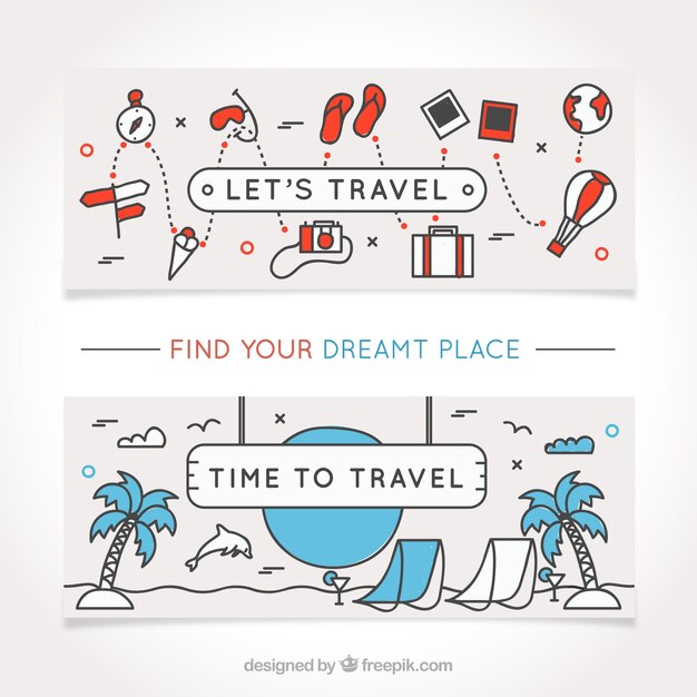 Hand-drawn travel banners with decorative items