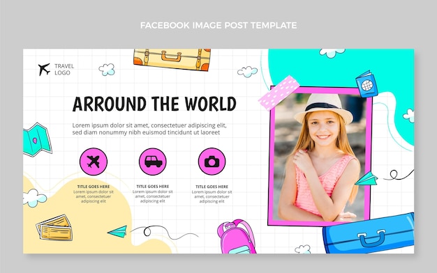 無料ベクター 手描き旅行facebook投稿テンプレート