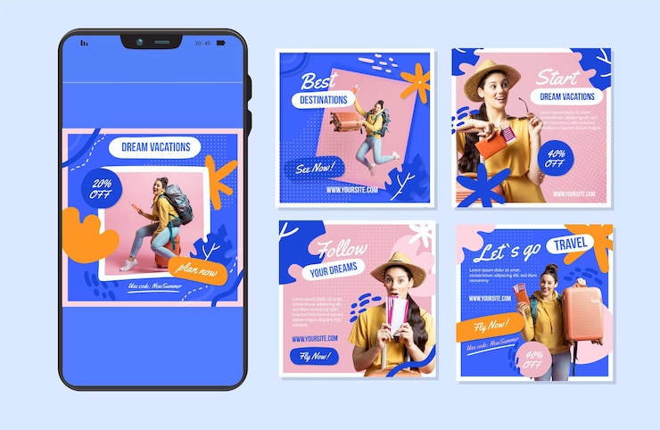 무료 Vector 손으로 그린 여행 instagram 포스트 팩