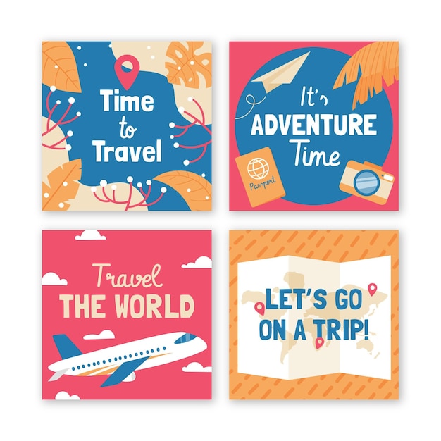 Hand drawn travel instagram post set