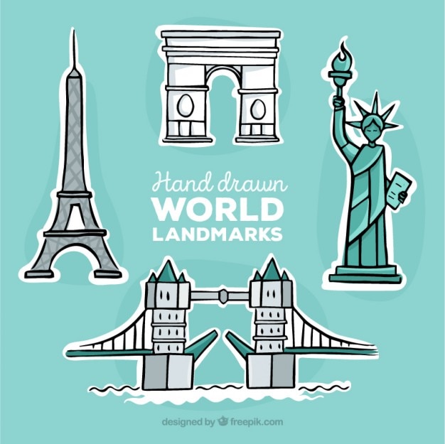 Hand drawn travel landmarks labels