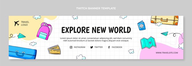 Бесплатное векторное изображение Ручной обращается шаблон путешествия twitch баннер