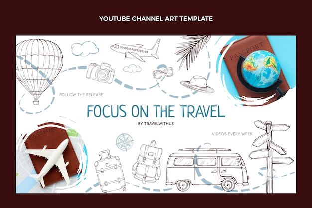 Бесплатное векторное изображение Нарисованное от руки искусство канала youtube путешествия
