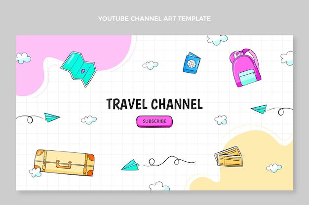 Vettore gratuito modello di canale youtube di viaggio disegnato a mano