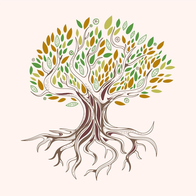 Бесплатное векторное изображение Нарисованная рукой жизнь дерева с зелеными и коричневыми листьями