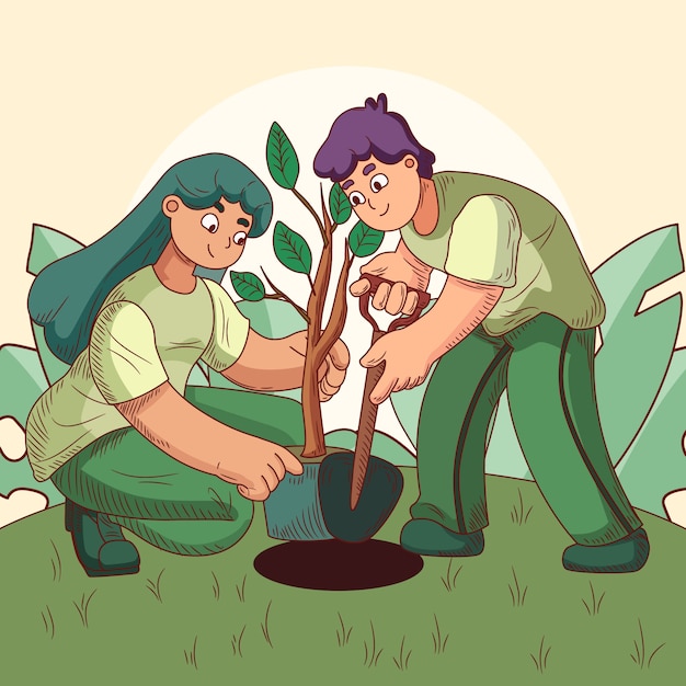 Free vector hand drawn tree planting illustration