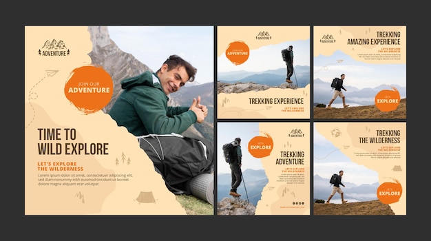 Free vector hand drawn trekking instagram posts