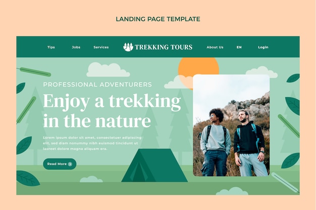 Vettore gratuito modello di pagina di destinazione per il trekking disegnato a mano