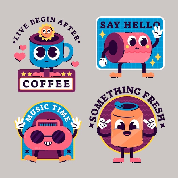 Free vector hand drawn trendy cartoon badge collection