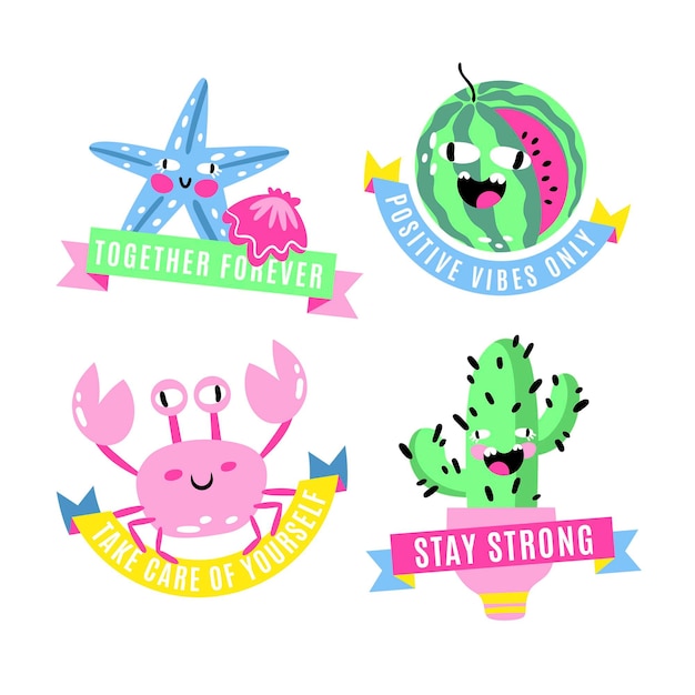 Free vector hand drawn trendy cartoon badges collection