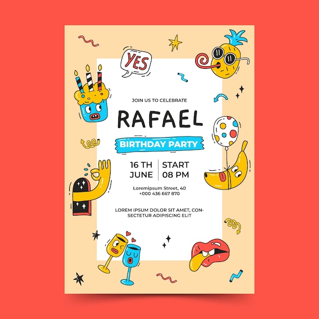 Free vector hand drawn trendy cartoon birthday invitation