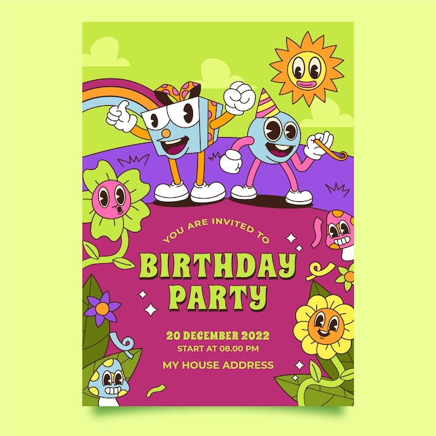 Free vector hand drawn trendy cartoon birthday invitation