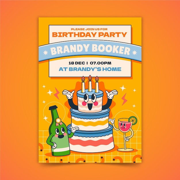 Free vector hand drawn trendy cartoon birthday invitation