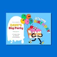 Free vector hand drawn trendy cartoon birthday invitation