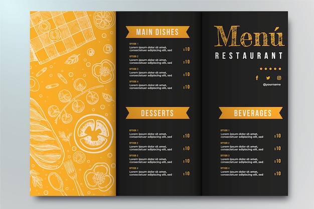 Vettore gratuito design del menu a tre ante disegnato a mano