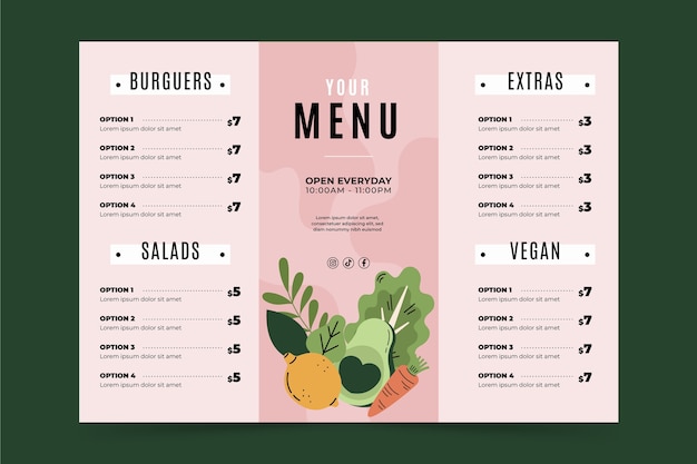 Vettore gratuito modello di menu a tre ante disegnato a mano