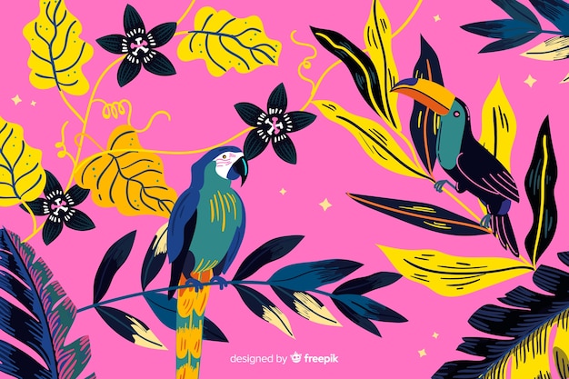 Free vector hand drawn tropical birds and leaves background