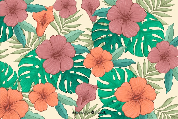 Hand drawn tropical flowers background
