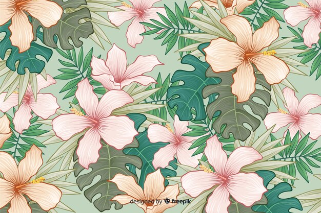 Hand drawn tropical flowers background