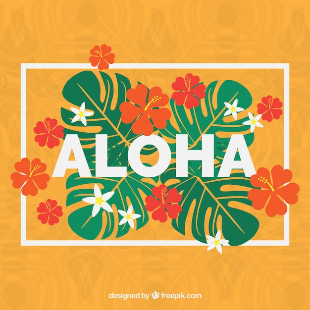 Hand drawn tropical flowers and leaves aloha background