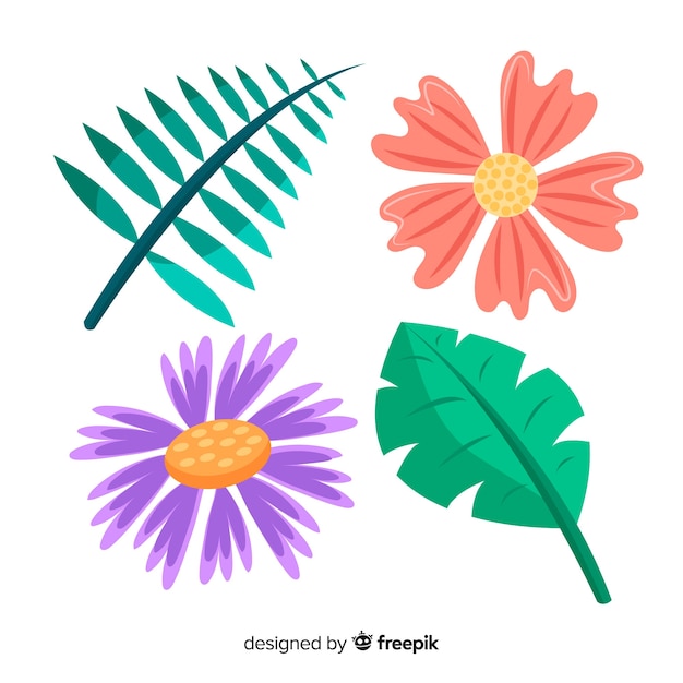 Hand drawn tropical flowers and leaves