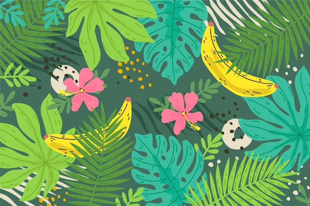 Hand drawn tropical leaves background