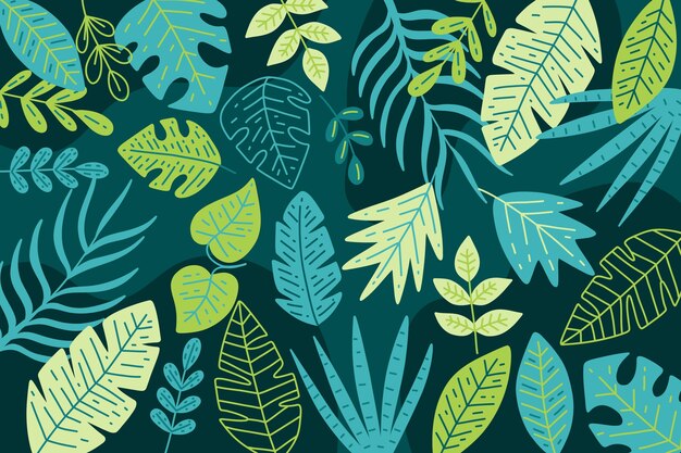 Hand drawn tropical leaves background