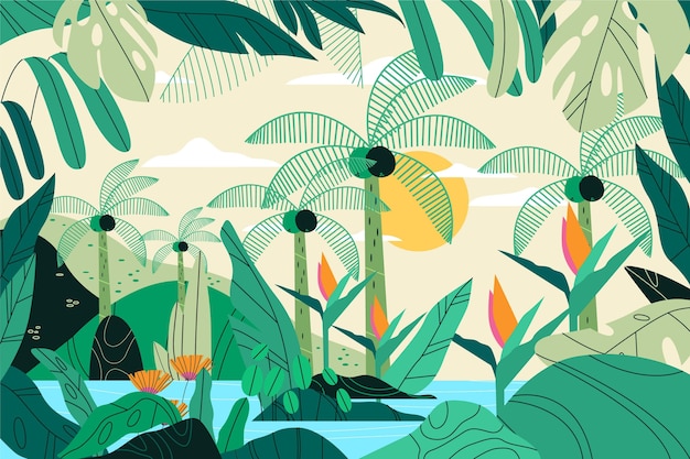 Hand drawn tropical leaves background