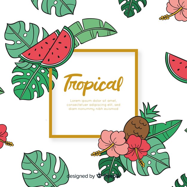 Fondo tropicale disegnato a mano delle foglie e delle frutta