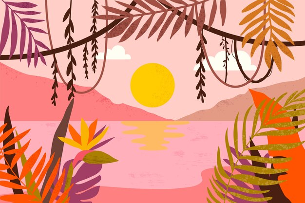 Hand drawn tropical sunset background