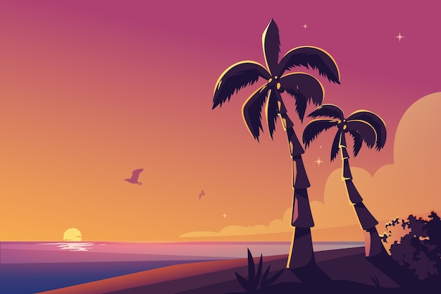 Hand drawn tropical sunset background