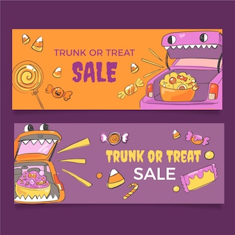Hand drawn trunk or treat horizontal banners set