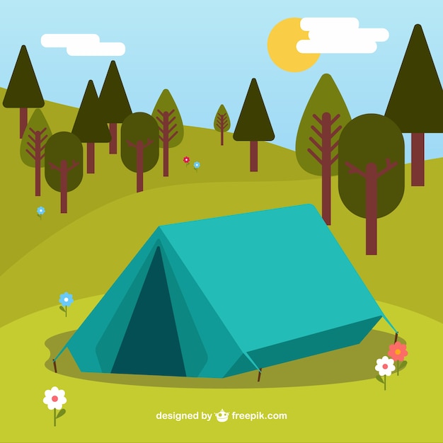 캠프장에서 손으로 그린 청록색 캠핑 텐트
