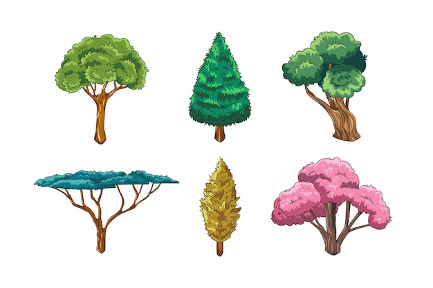 Hand drawn type of trees set