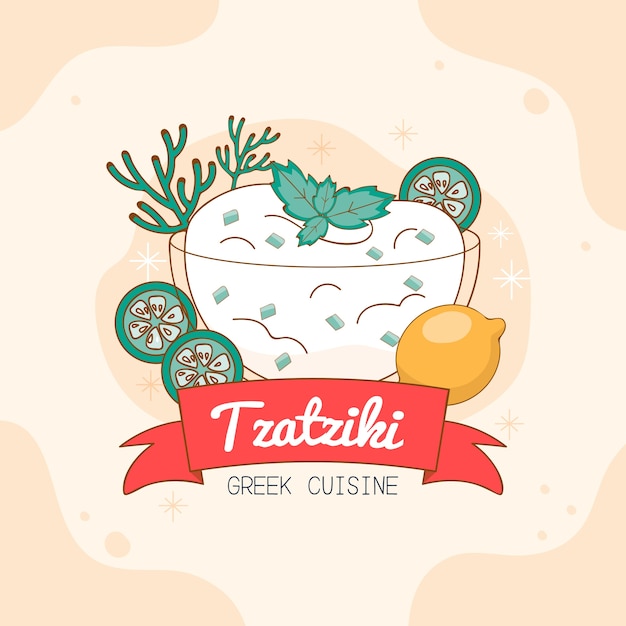 Cucina greca di salsa tzatziki disegnata a mano