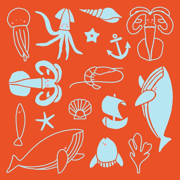 Free vector hand drawn underwater animal collection vector