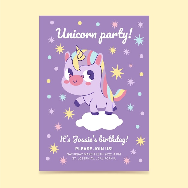 Vettore gratuito modello di invito compleanno unicorno disegnato a mano