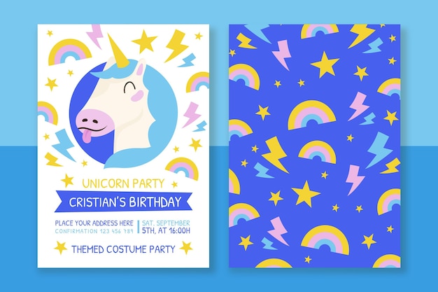 Modello di invito compleanno unicorno disegnato a mano