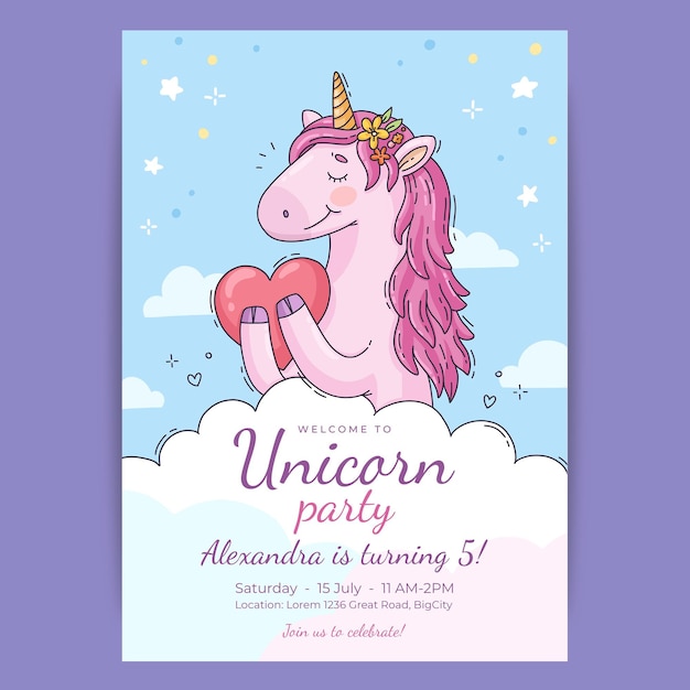 Modello di invito compleanno unicorno disegnato a mano