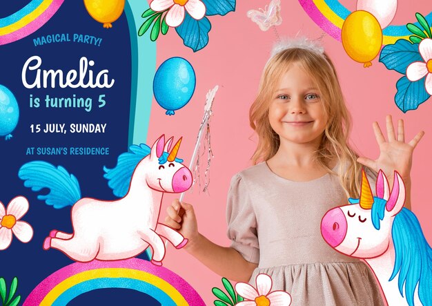 Hand drawn unicorn birthday invitation template