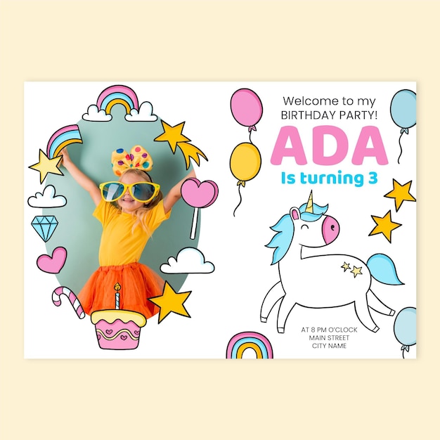 Free vector hand drawn unicorn birthday invitation with photo template