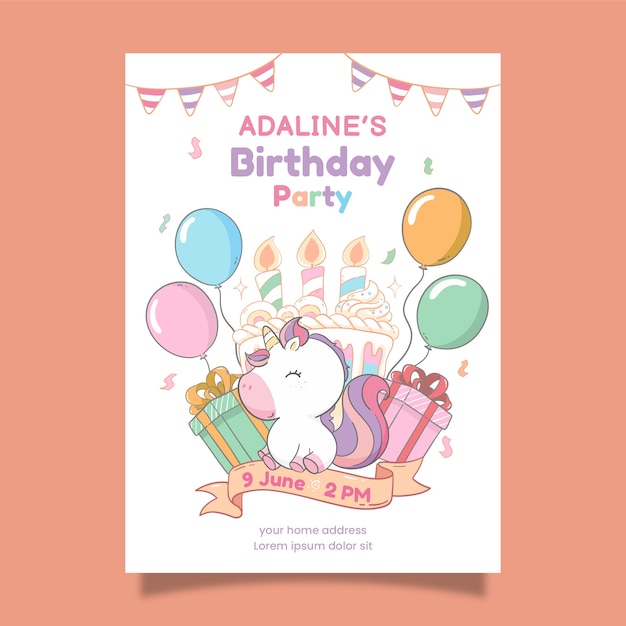 Hand drawn unicorn birthday party invitation