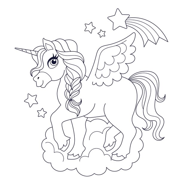 Hand drawn unicorn coloring book illustration