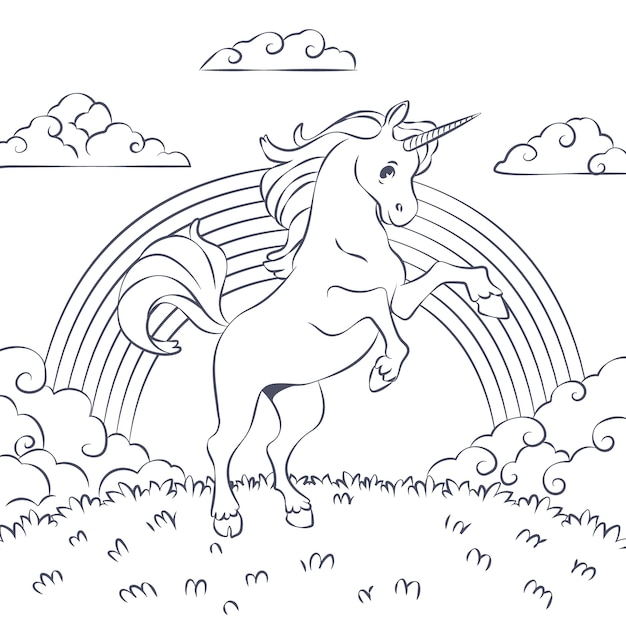 Hand drawn unicorn coloring book illustration