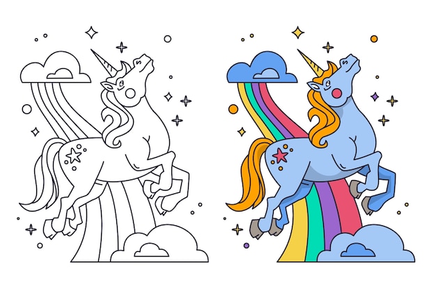 Hand drawn unicorn coloring book illustration