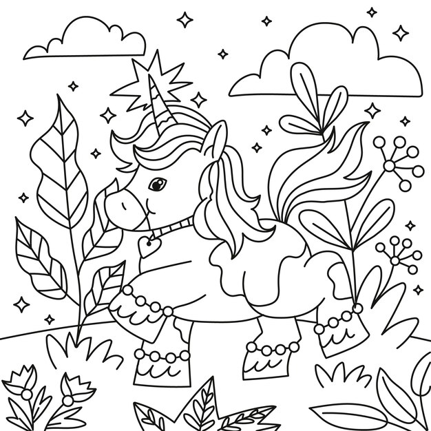 Hand drawn unicorn  coloring book illustration