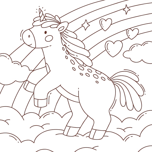 Hand drawn unicorn coloring book illustration