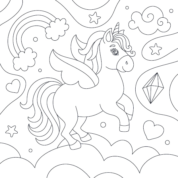 Hand drawn unicorn coloring book illustration